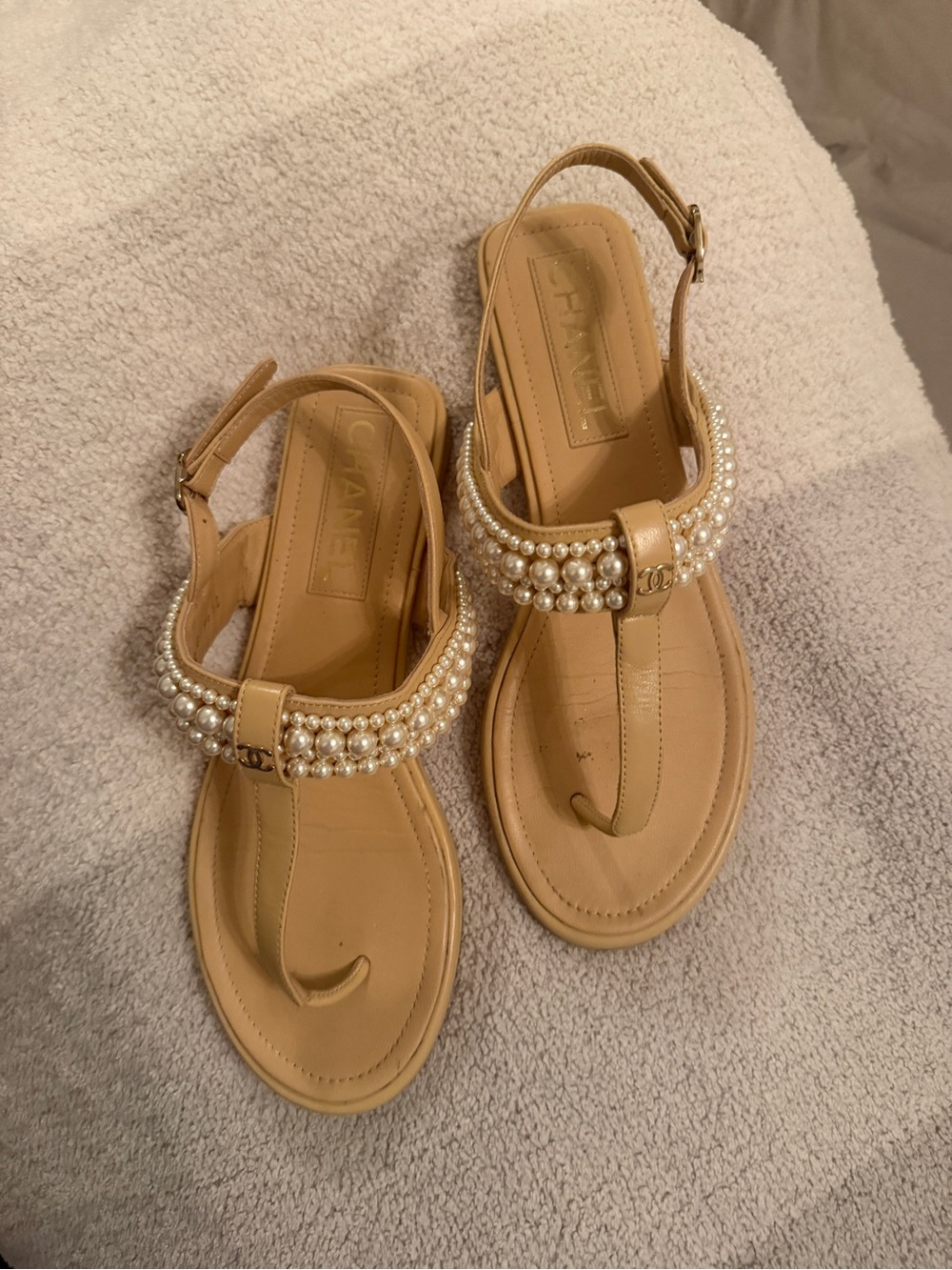 CHANEL Tan Leather Pearl-Trim Slingback Sandals